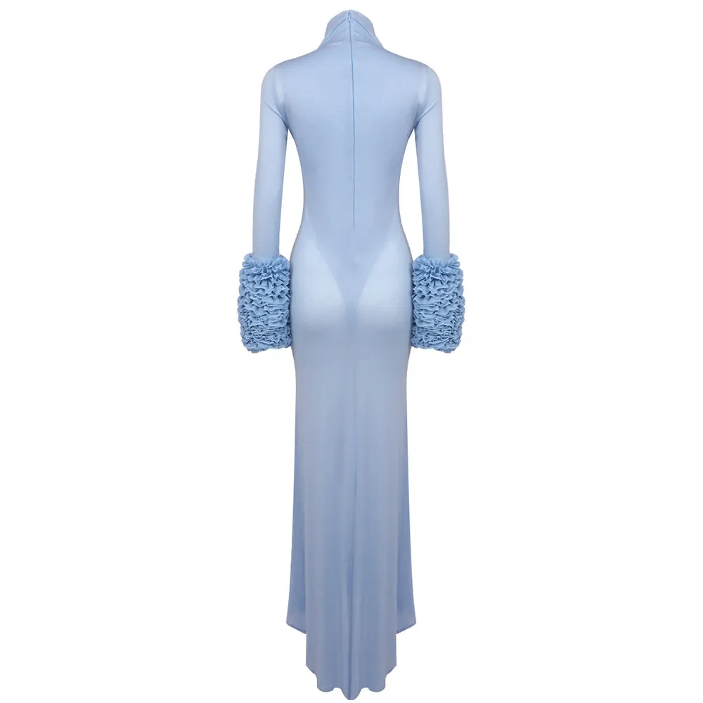 MICHELLE RUFFLED TURTLENECK MAXI DRESS IN PALE BLUE Gloria Lanvin