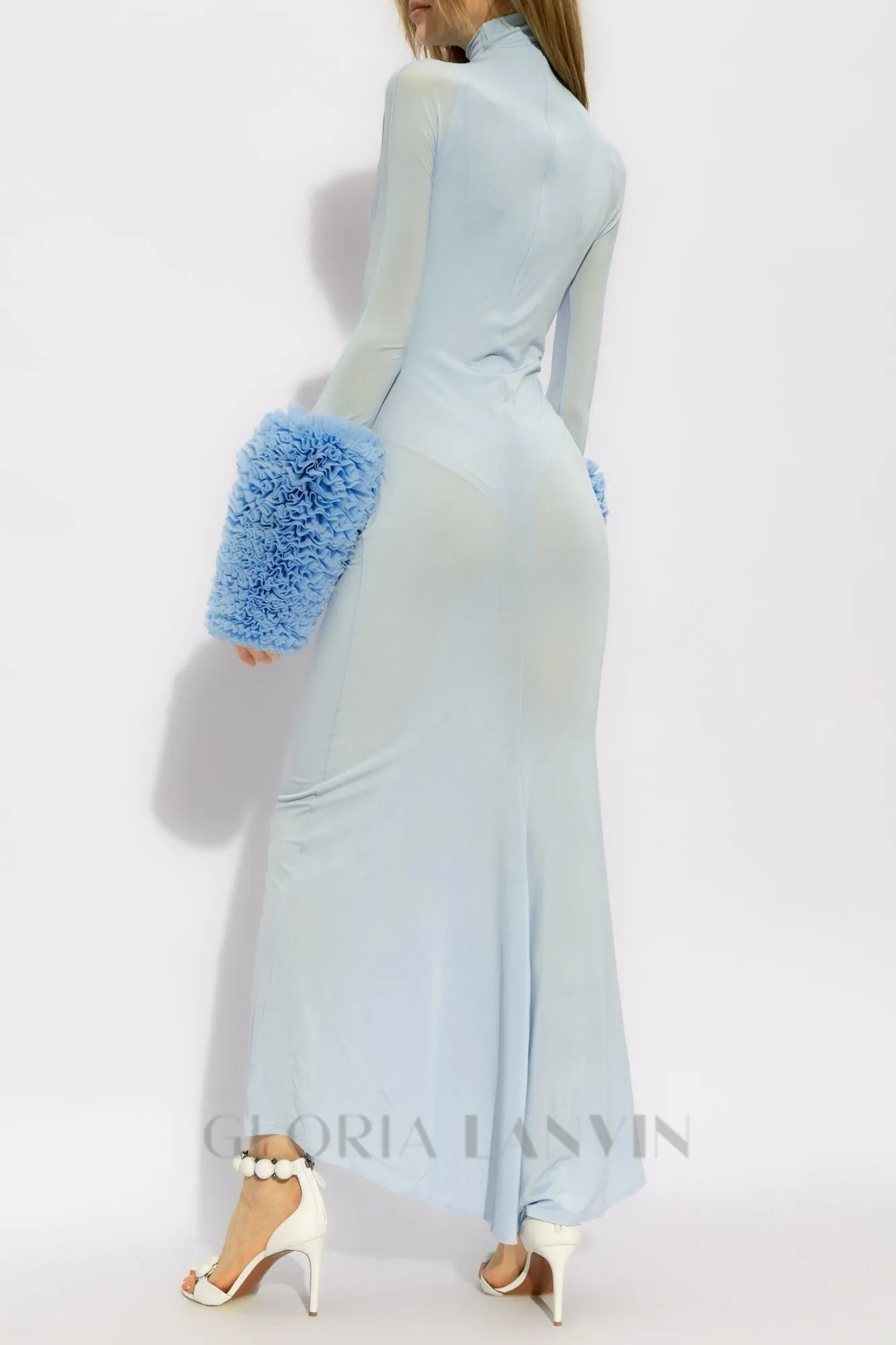 MICHELLE RUFFLED TURTLENECK MAXI DRESS IN PALE BLUE Gloria Lanvin