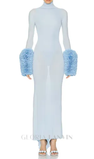 MICHELLE RUFFLED TURTLENECK MAXI DRESS IN PALE BLUE Gloria Lanvin