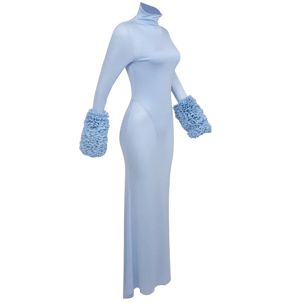 MICHELLE RUFFLED TURTLENECK MAXI DRESS IN PALE BLUE Gloria Lanvin