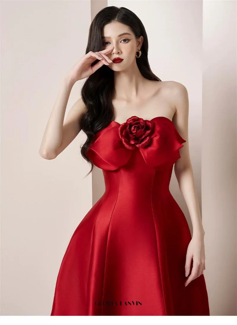 mignon 3d flower satin strapless midi dress in red Gloria Lanvin