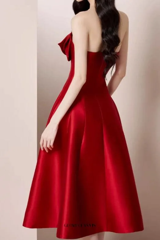 mignon 3d flower satin strapless midi dress in red Gloria Lanvin
