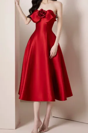 mignon 3d flower satin strapless midi dress in red Gloria Lanvin