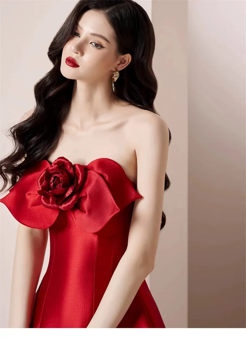 mignon 3d flower satin strapless midi dress in red Gloria Lanvin
