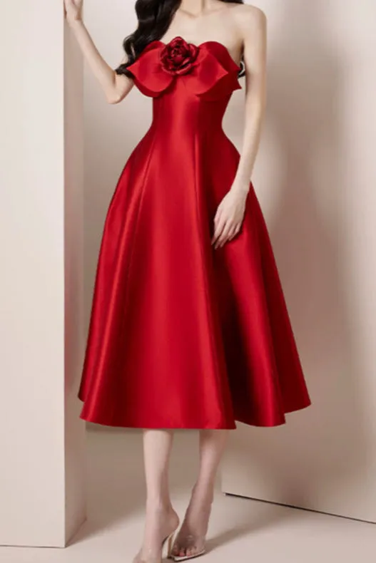 mignon 3d flower satin strapless midi dress in red Gloria Lanvin