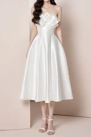 mignon 3d flower satin strapless midi dress in white Gloria Lanvin