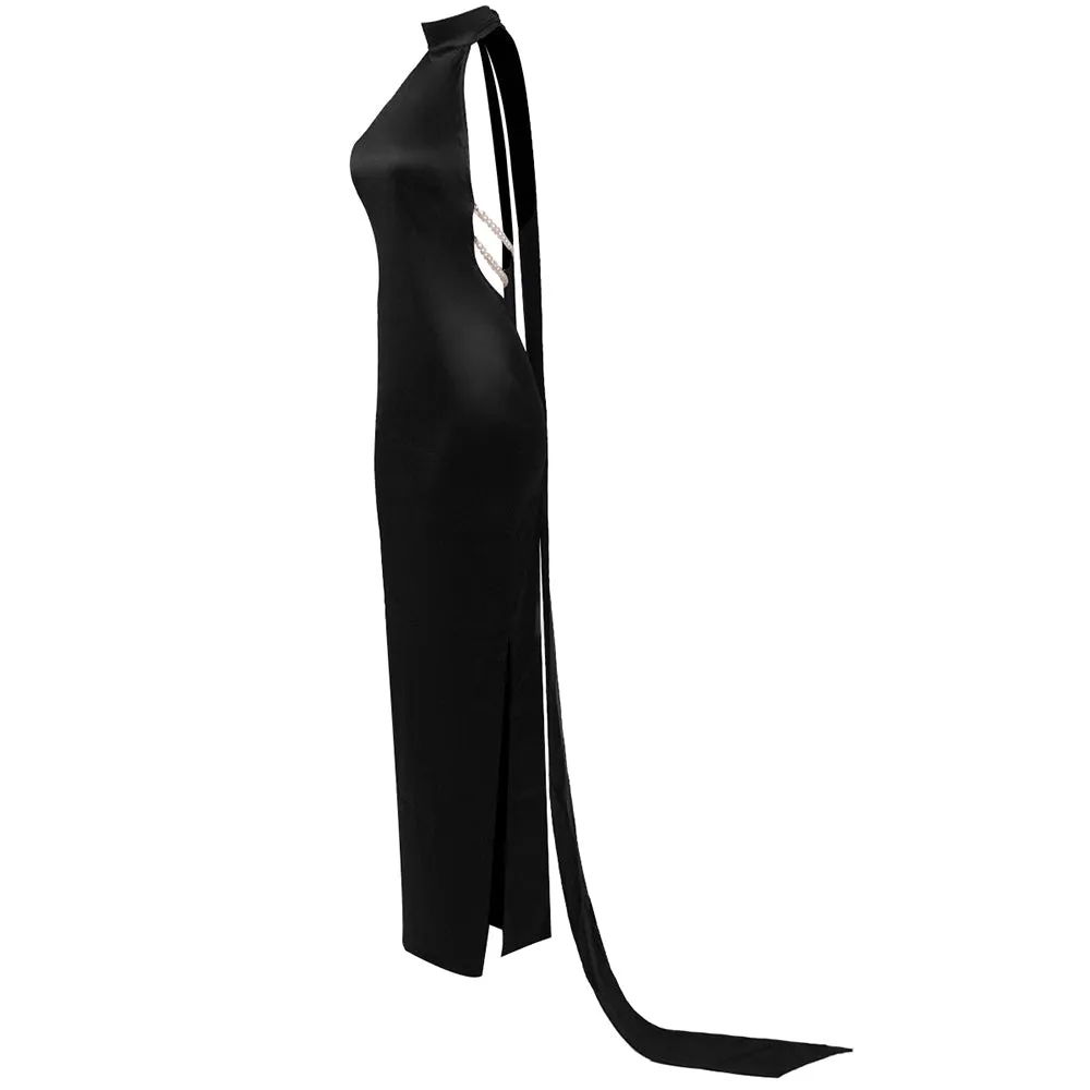 MIGNON SATIN BELT BACKLESS PEARL EMBELLISHED MAXI DRESS IN BLACK Gloria Lanvin
