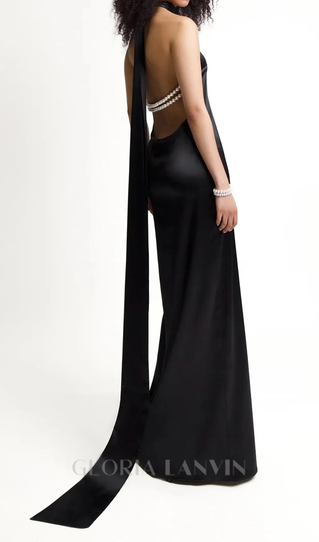 MIGNON SATIN BELT BACKLESS PEARL EMBELLISHED MAXI DRESS IN BLACK Gloria Lanvin