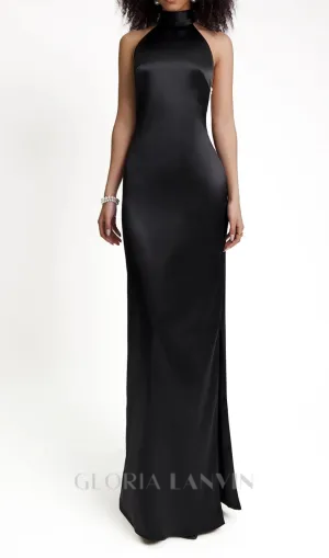 MIGNON SATIN BELT BACKLESS PEARL EMBELLISHED MAXI DRESS IN BLACK Gloria Lanvin