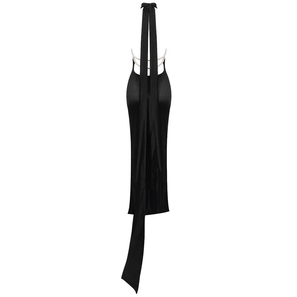 MIGNON SATIN BELT BACKLESS PEARL EMBELLISHED MAXI DRESS IN BLACK Gloria Lanvin