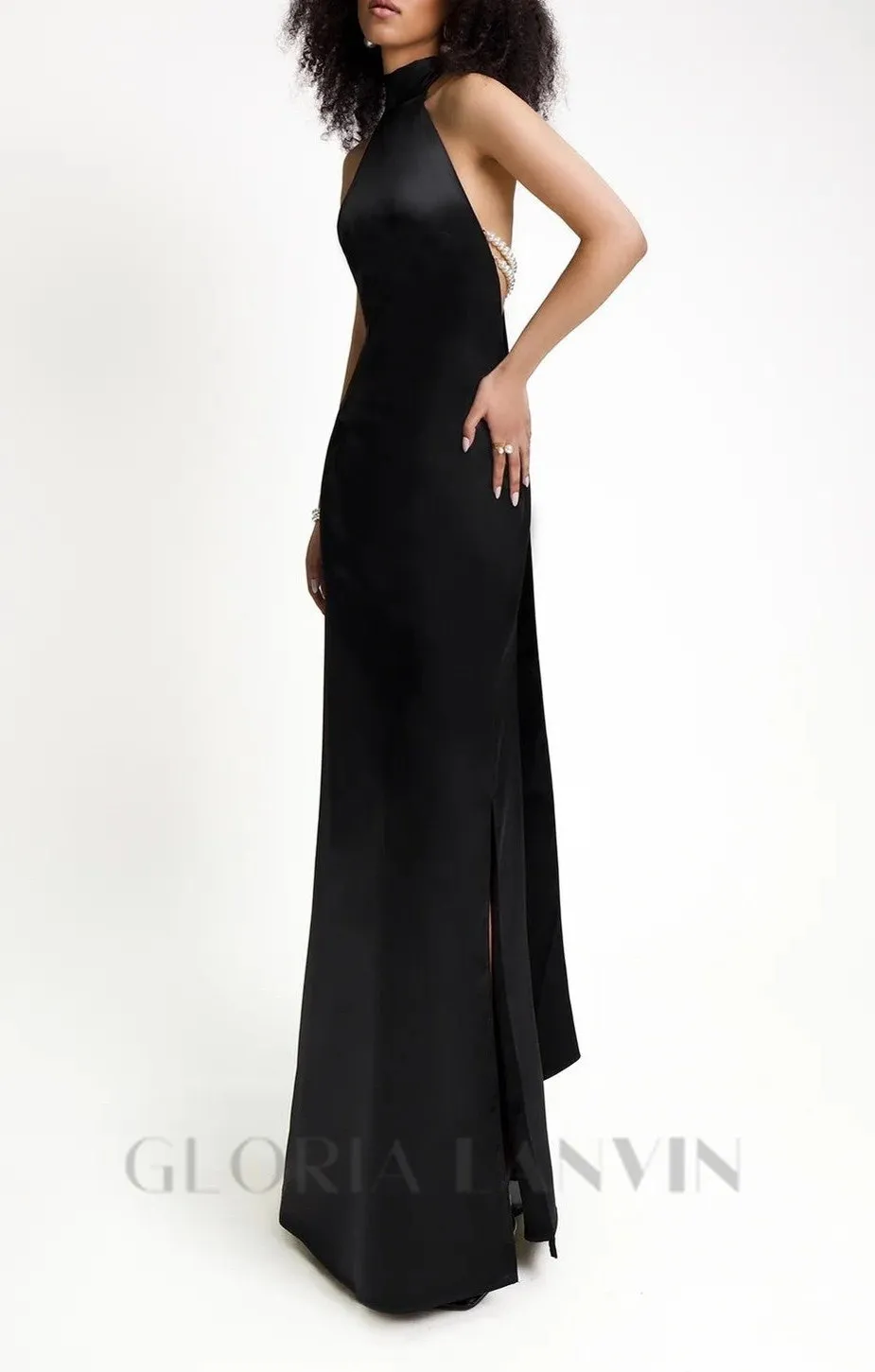 MIGNON SATIN BELT BACKLESS PEARL EMBELLISHED MAXI DRESS IN BLACK Gloria Lanvin