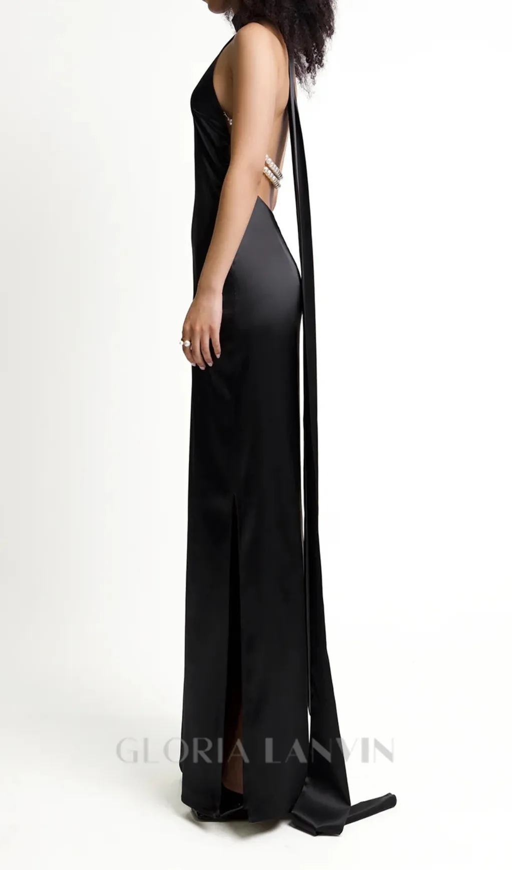 MIGNON SATIN BELT BACKLESS PEARL EMBELLISHED MAXI DRESS IN BLACK Gloria Lanvin