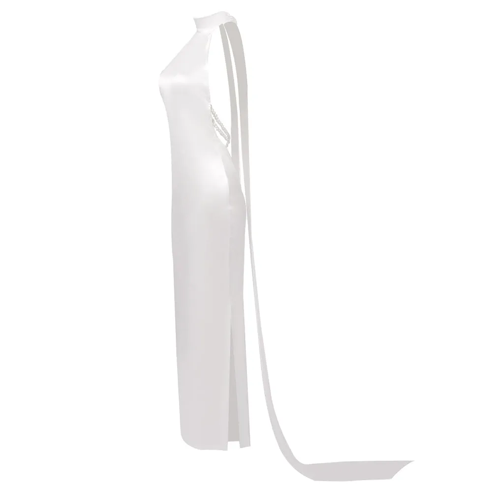 MIGNON SATIN BELT BACKLESS PEARL EMBELLISHED MAXI DRESS IN WHITE Gloria Lanvin