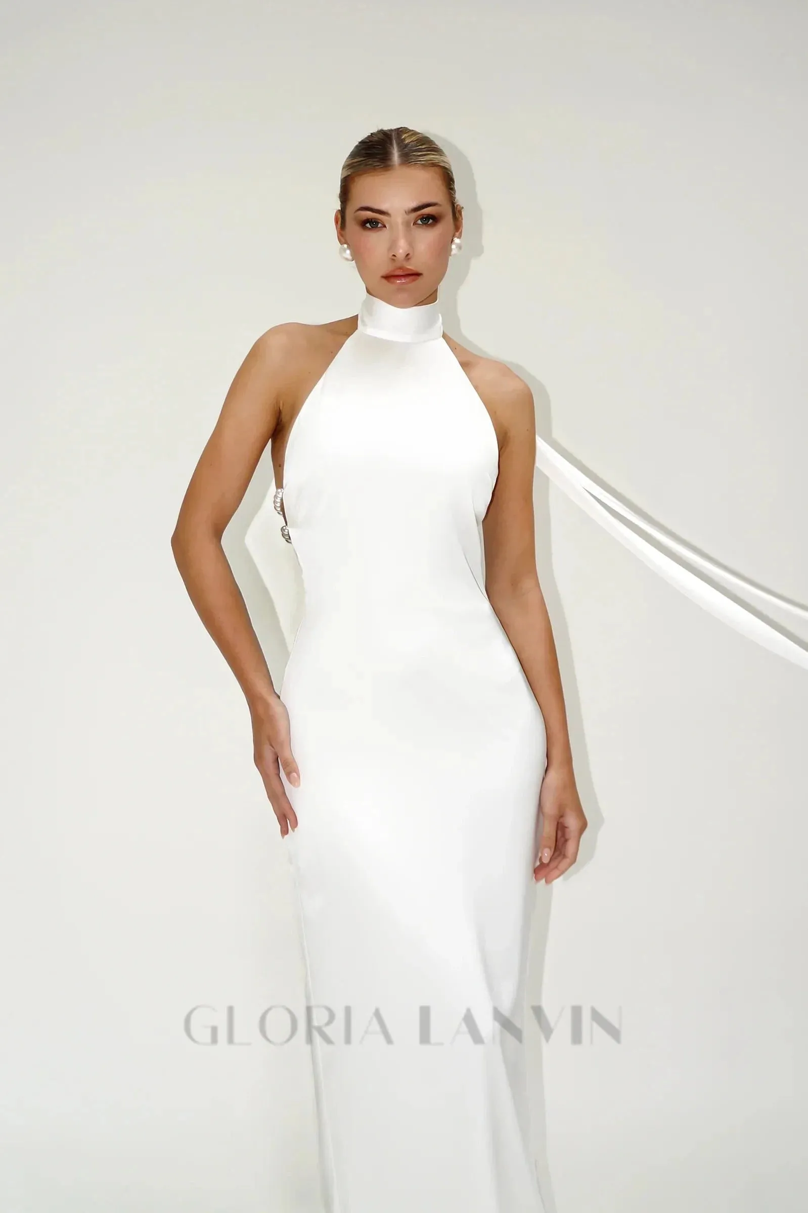 MIGNON SATIN BELT BACKLESS PEARL EMBELLISHED MAXI DRESS IN WHITE Gloria Lanvin