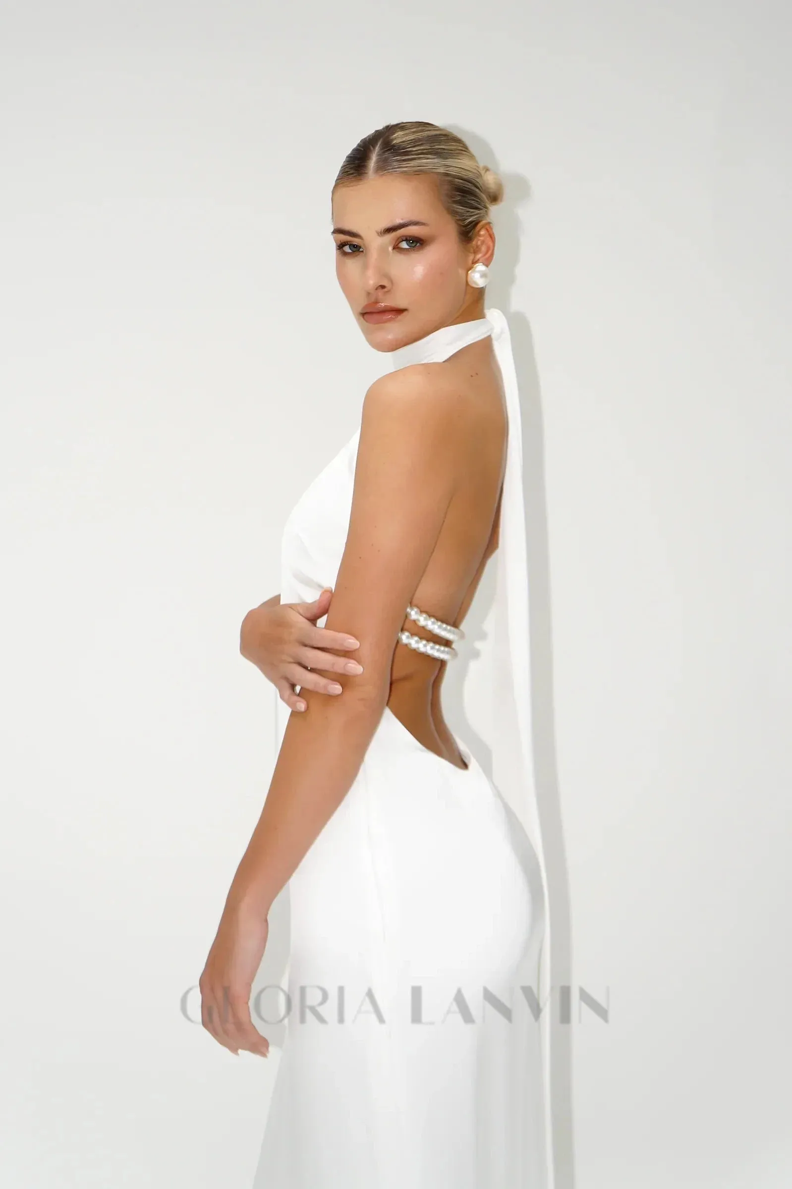 MIGNON SATIN BELT BACKLESS PEARL EMBELLISHED MAXI DRESS IN WHITE Gloria Lanvin