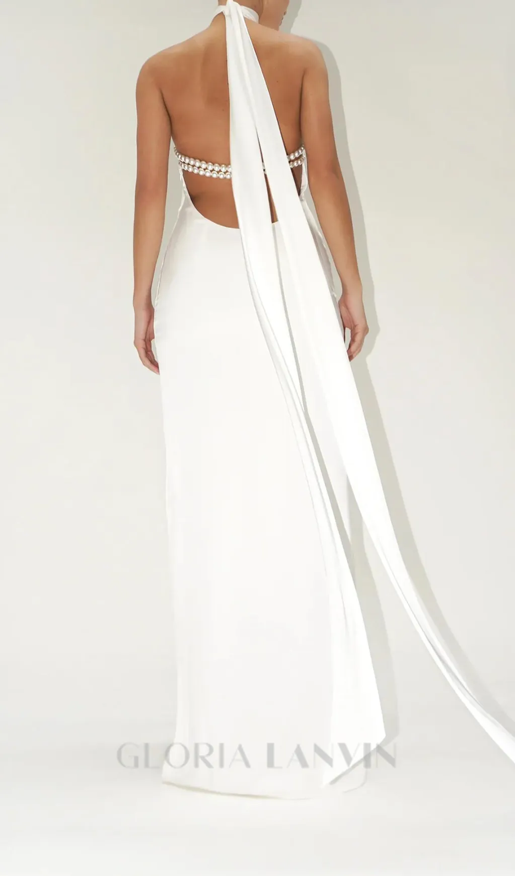 MIGNON SATIN BELT BACKLESS PEARL EMBELLISHED MAXI DRESS IN WHITE Gloria Lanvin