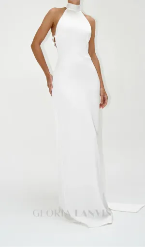 MIGNON SATIN BELT BACKLESS PEARL EMBELLISHED MAXI DRESS IN WHITE Gloria Lanvin