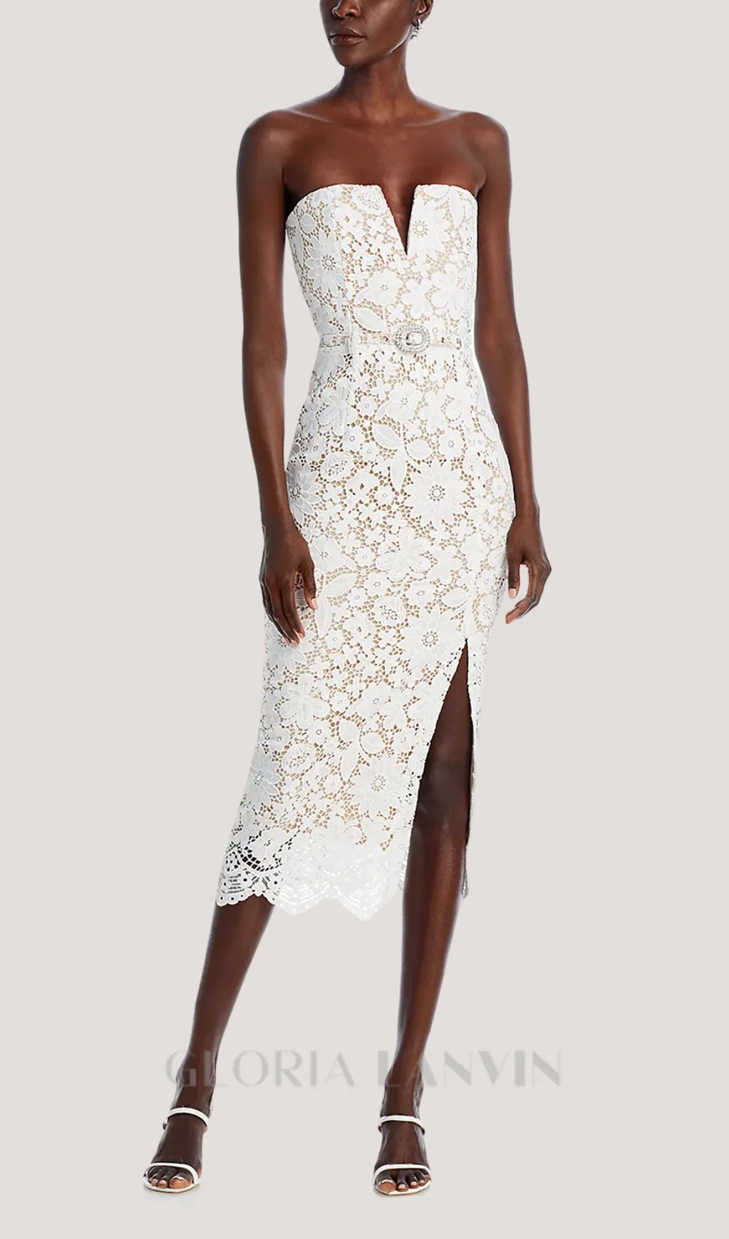 Milette v-neck Lace midi Dress in white Gloria Lanvin