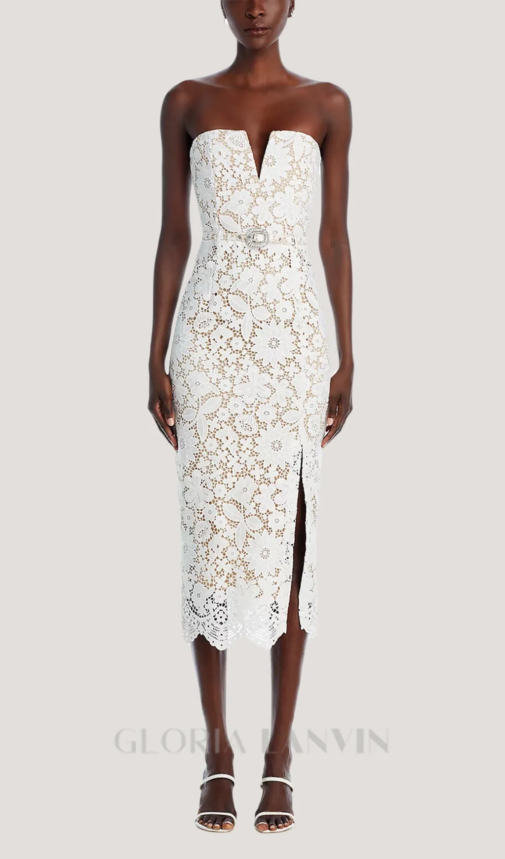 Milette v-neck Lace midi Dress in white Gloria Lanvin