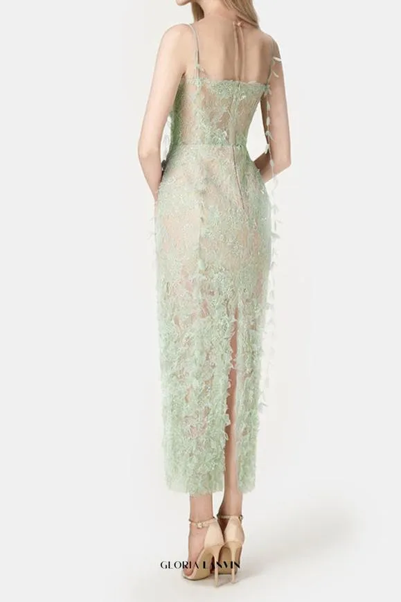 MINT BEADED LACE PENCIL MIDI DRESS Gloria Lanvin