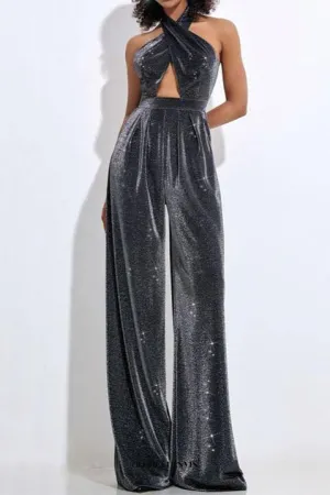 mirabelle halter jumpsuit in black silver Gloria Lanvin
