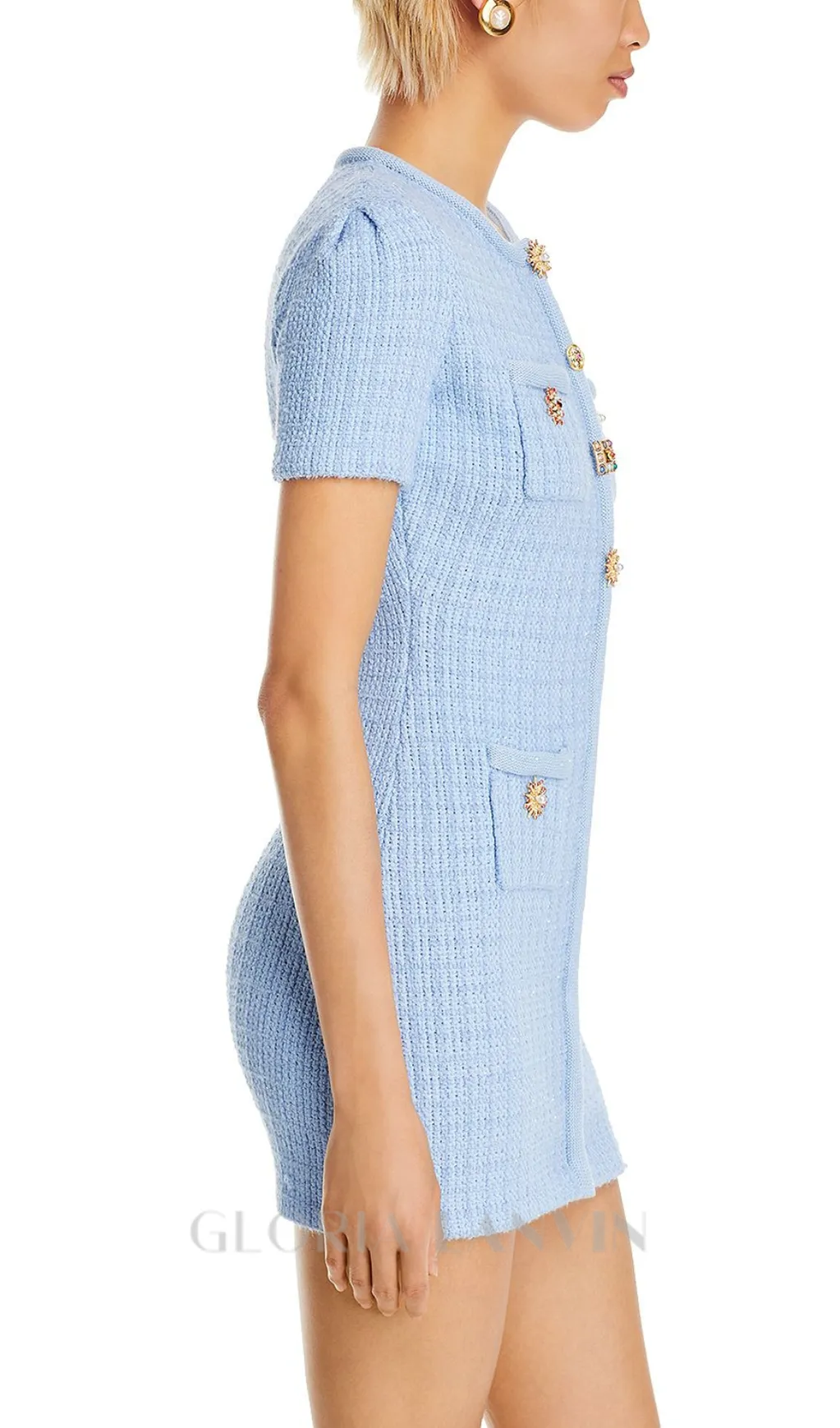 MODESTY BEADED BUTTON KNIT MINI DRESS IN BLUE Gloria Lanvin