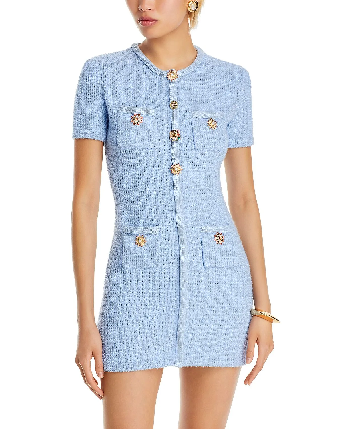 MODESTY BEADED BUTTON KNIT MINI DRESS IN BLUE Gloria Lanvin