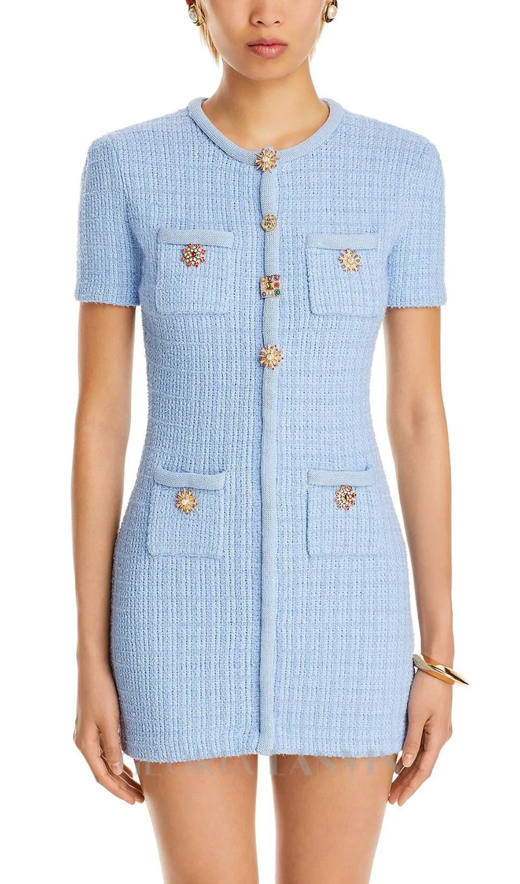 MODESTY BEADED BUTTON KNIT MINI DRESS IN BLUE Gloria Lanvin