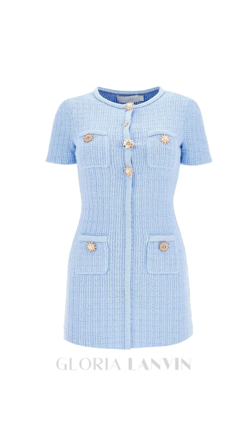 MODESTY BEADED BUTTON KNIT MINI DRESS IN BLUE Gloria Lanvin