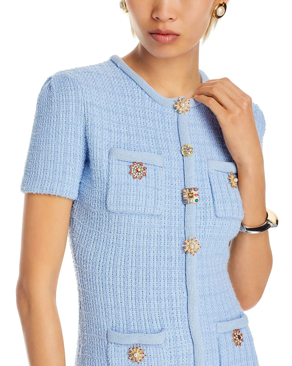 MODESTY BEADED BUTTON KNIT MINI DRESS IN BLUE Gloria Lanvin