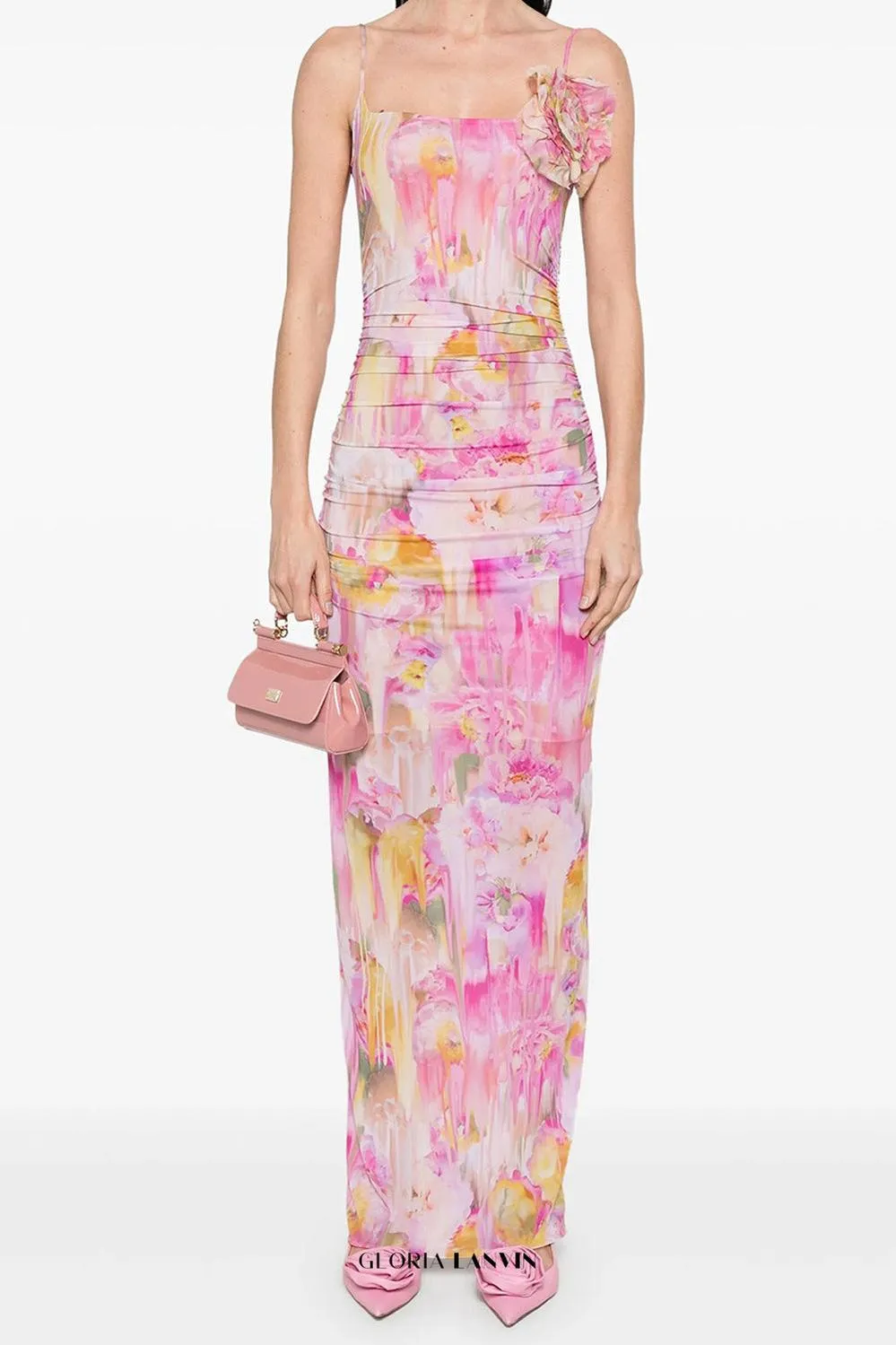 molly Floral Appliqu Print Maxi Dress in pink Gloria Lanvin