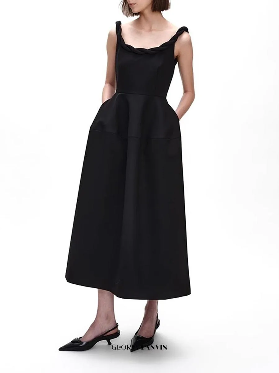 monica Braided shoulder straps midi dress in black Gloria Lanvin