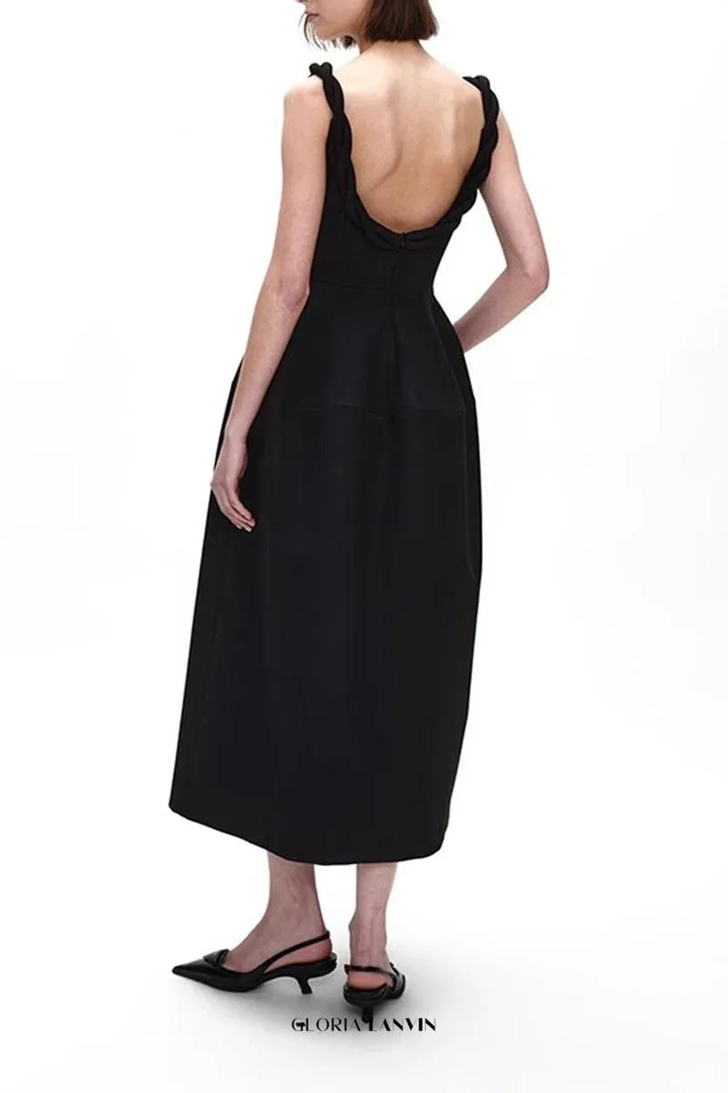 monica Braided shoulder straps midi dress in black Gloria Lanvin