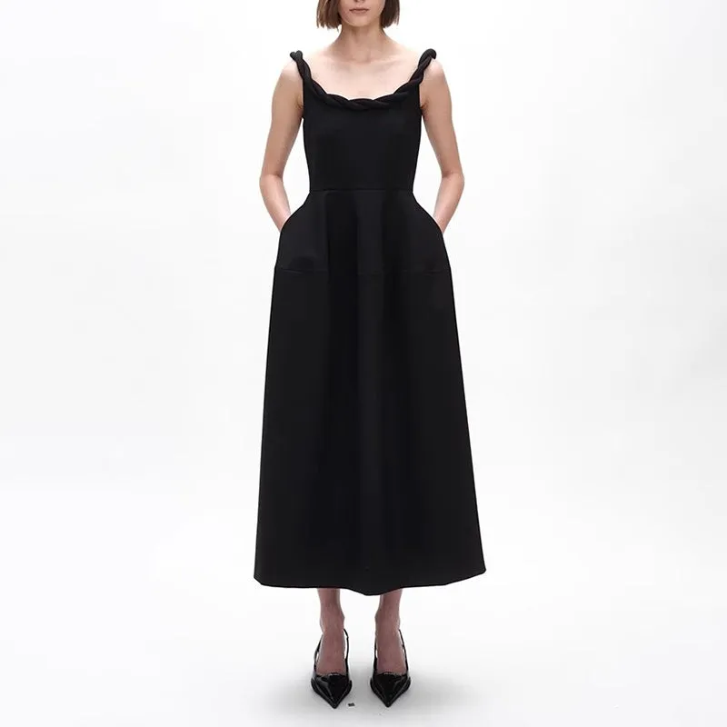 monica Braided shoulder straps midi dress in black Gloria Lanvin
