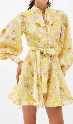 MONICA LANTERN SLEEVE FLORAL PRINT YELLOW MINI DRESS Gloria Lanvin