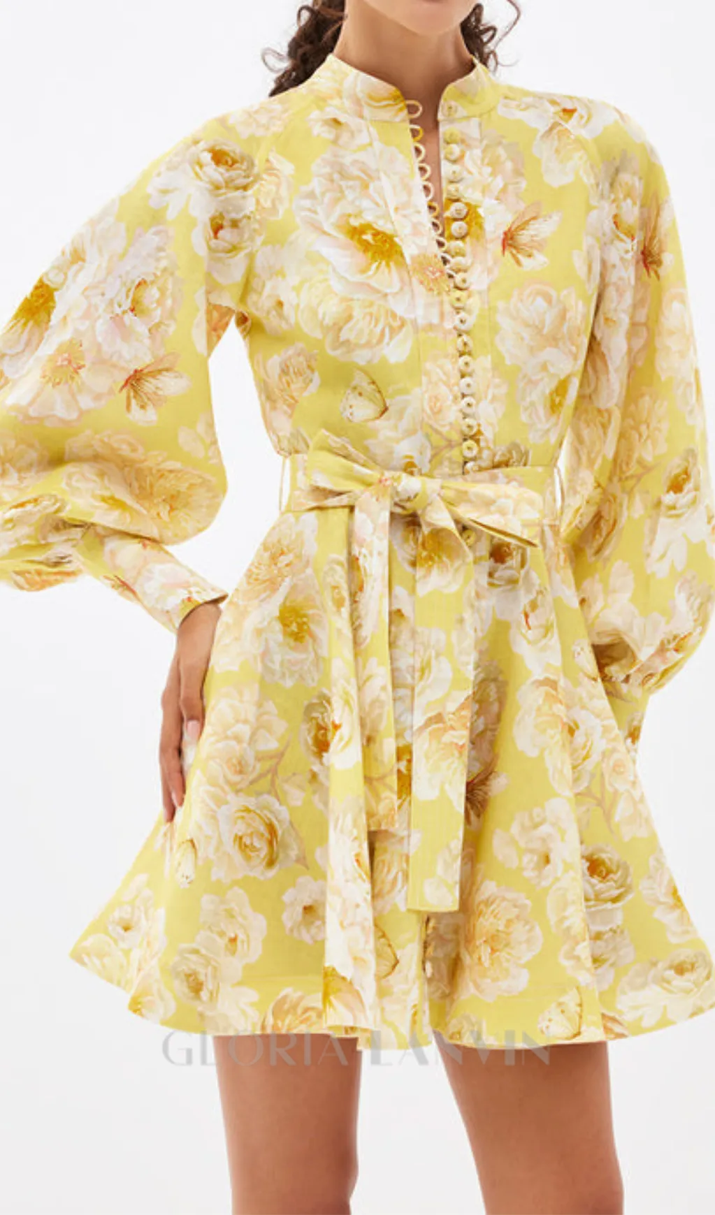 MONICA LANTERN SLEEVE FLORAL PRINT YELLOW MINI DRESS Gloria Lanvin