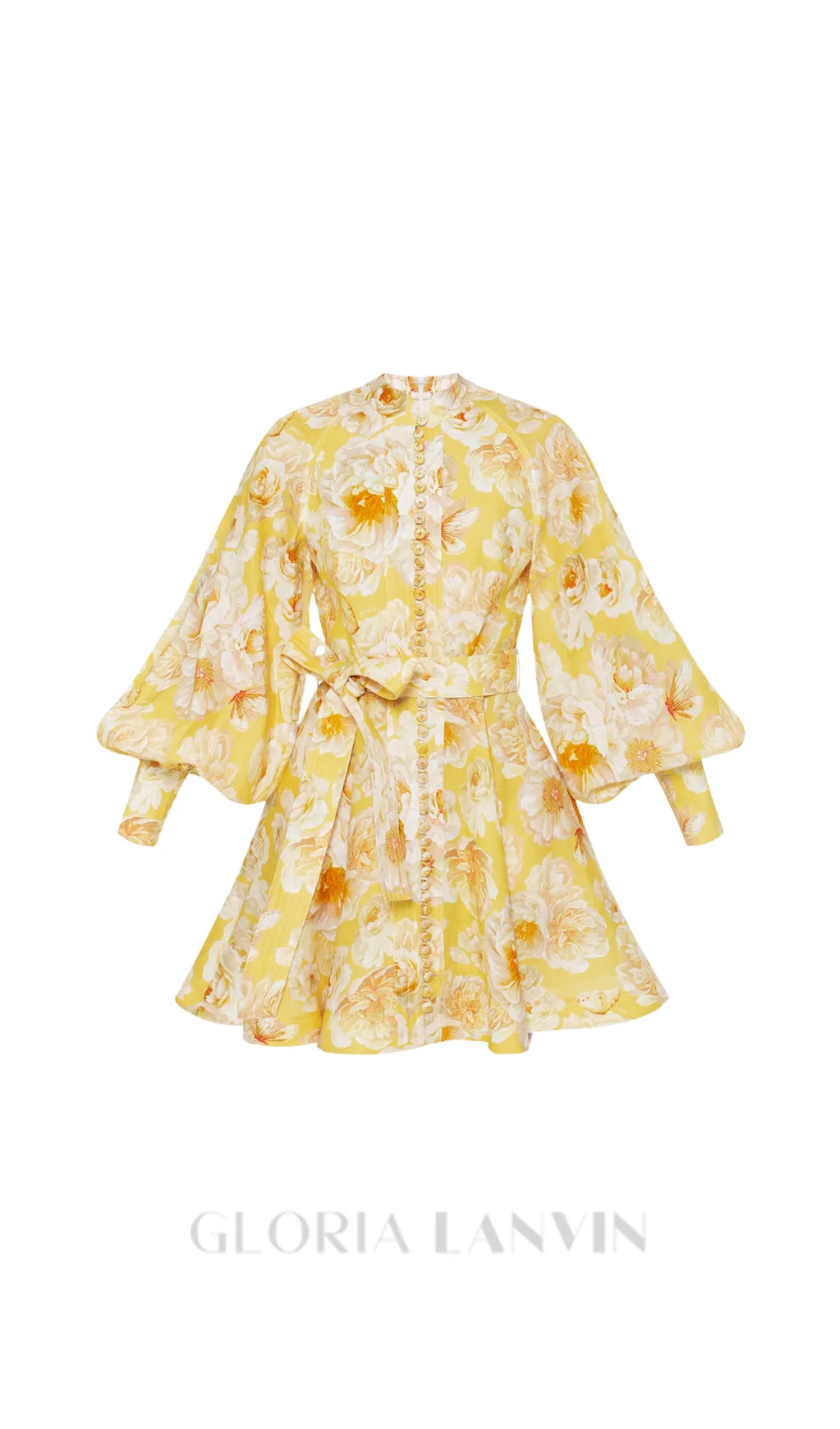 MONICA LANTERN SLEEVE FLORAL PRINT YELLOW MINI DRESS Gloria Lanvin