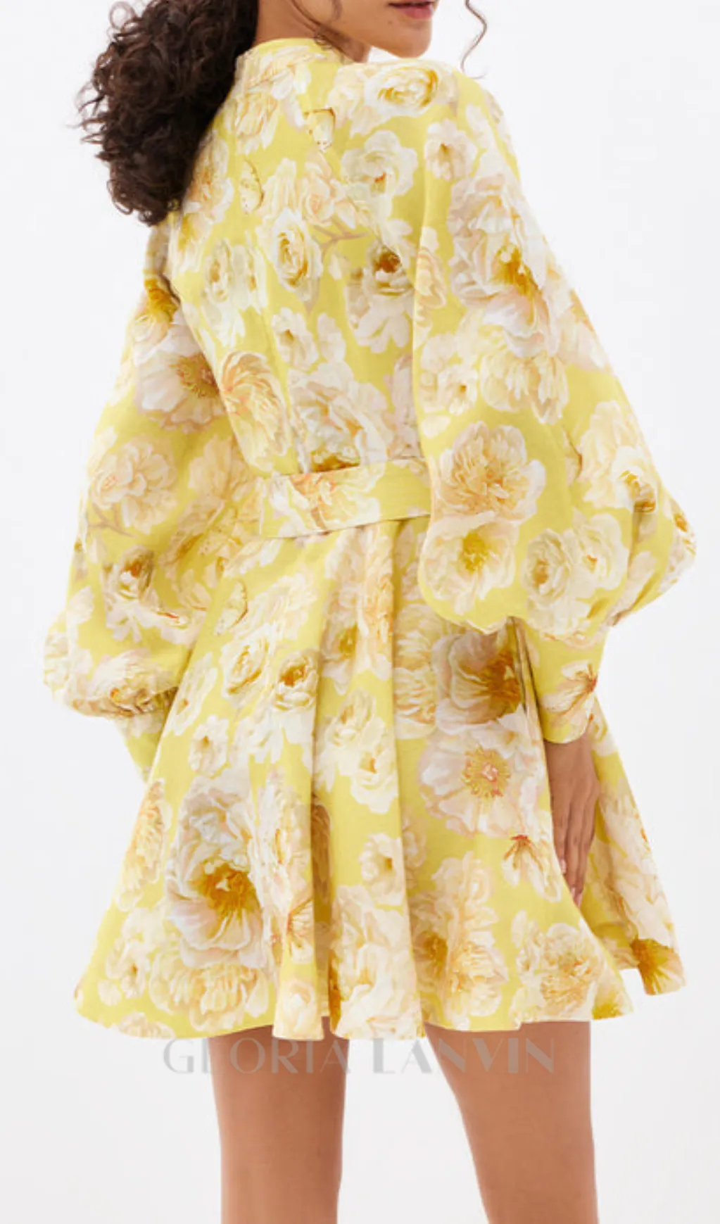 MONICA LANTERN SLEEVE FLORAL PRINT YELLOW MINI DRESS Gloria Lanvin