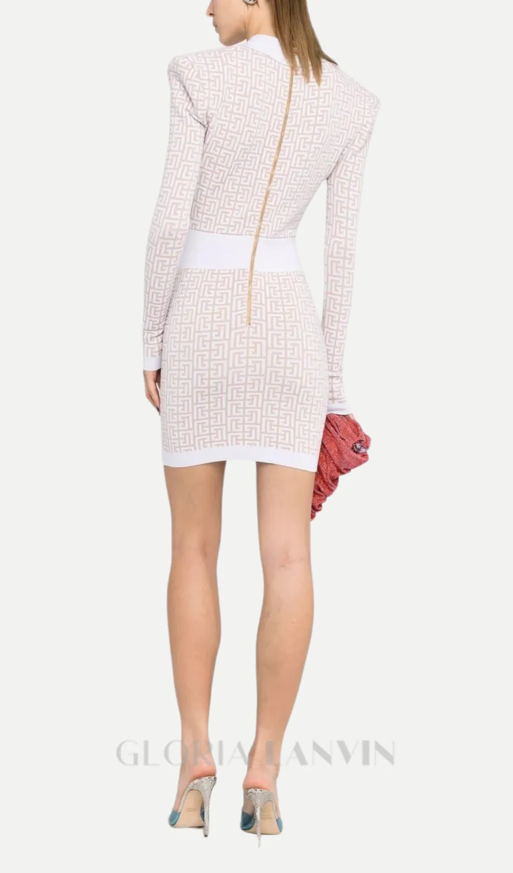 monogram-pattern long-sleeve dress in beige Gloria Lanvin
