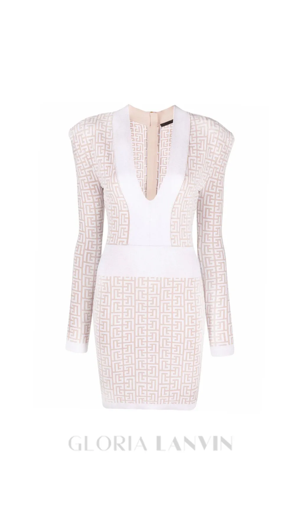 monogram-pattern long-sleeve dress in beige Gloria Lanvin