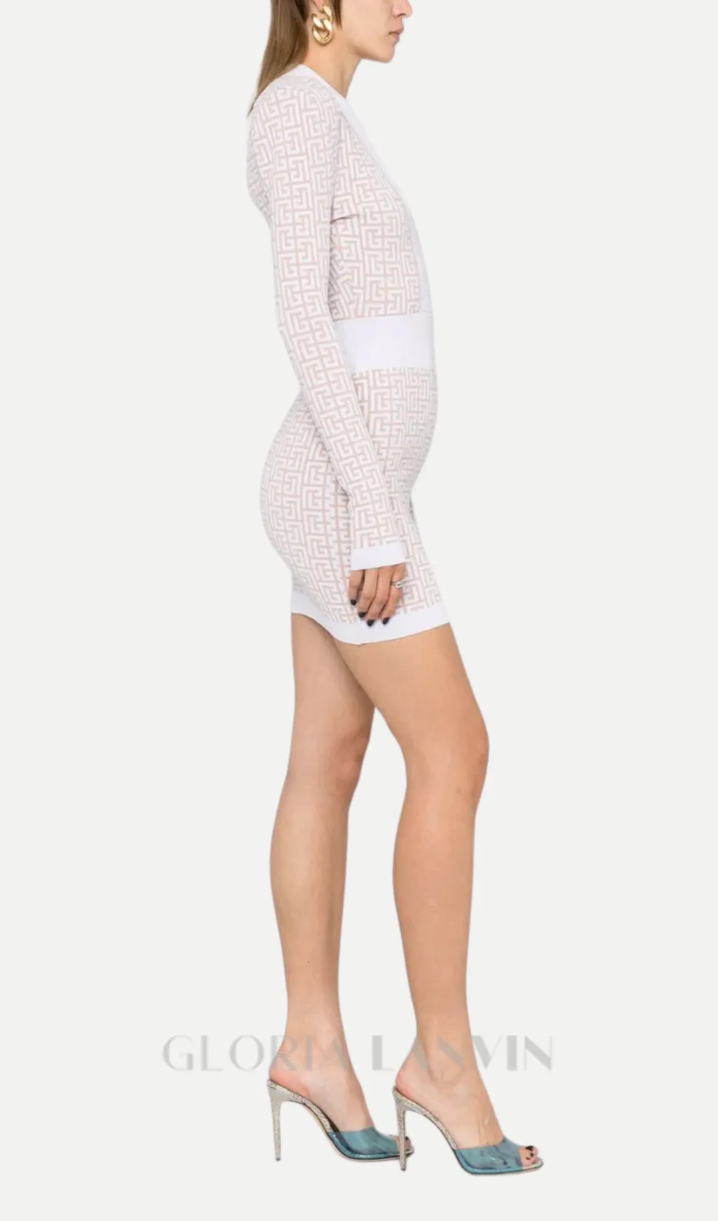 monogram-pattern long-sleeve dress in beige Gloria Lanvin