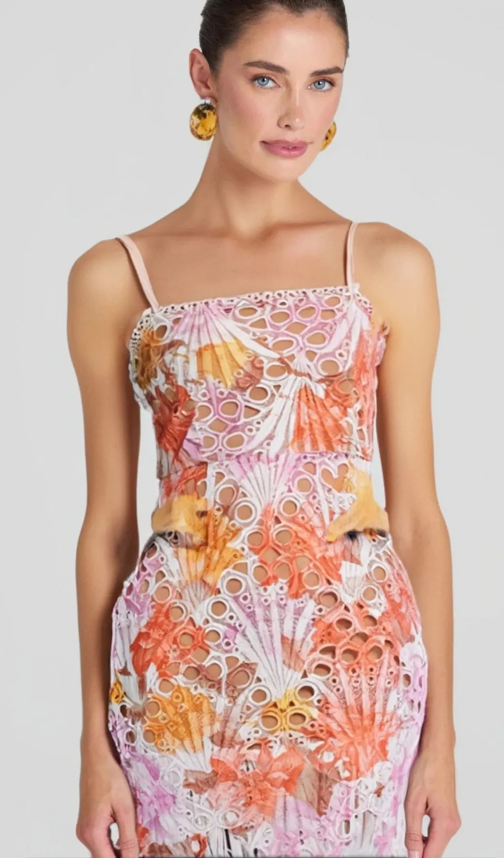 MULTICOLOR EMBROIDERED HOLLOW FRINGE MIDI DRESS Gloria Lanvin