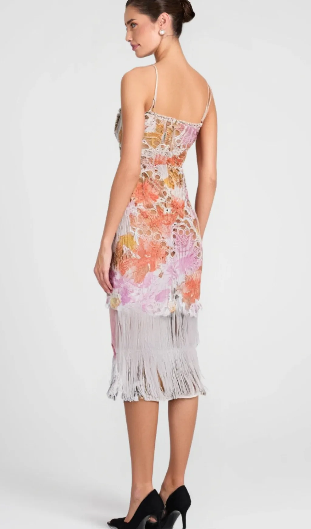 MULTICOLOR EMBROIDERED HOLLOW FRINGE MIDI DRESS Gloria Lanvin