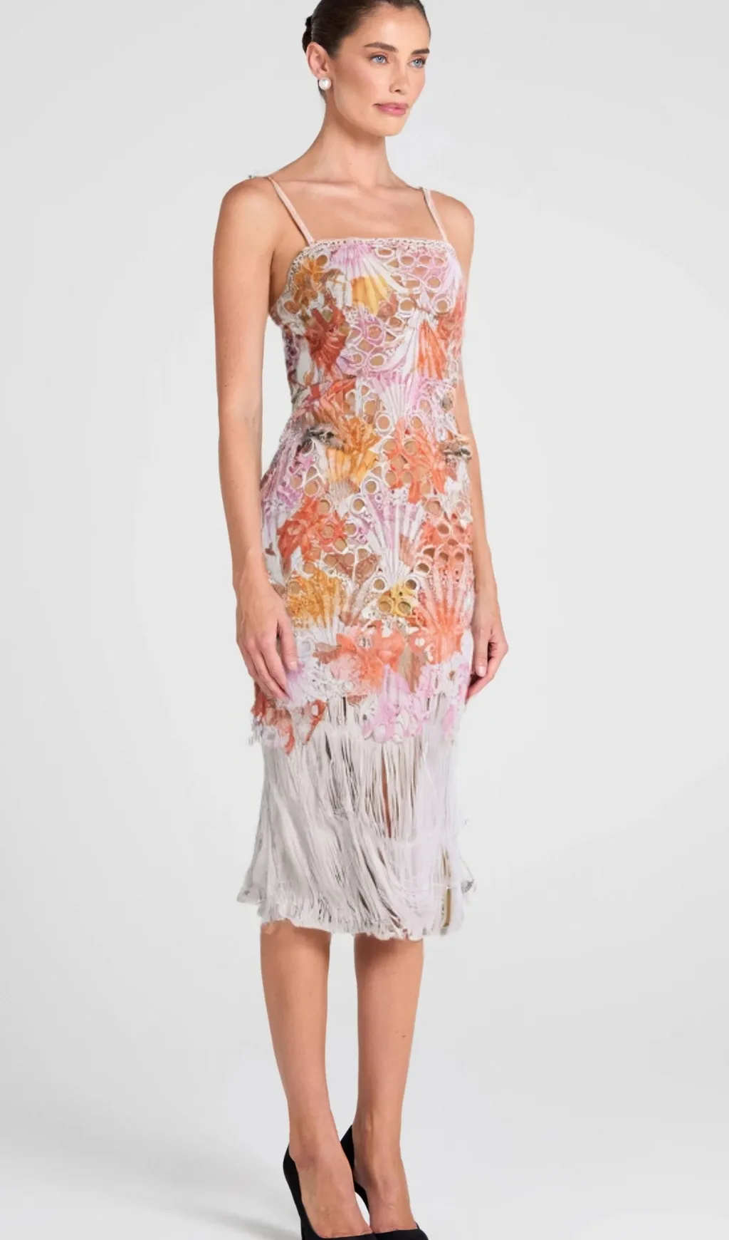 MULTICOLOR EMBROIDERED HOLLOW FRINGE MIDI DRESS Gloria Lanvin