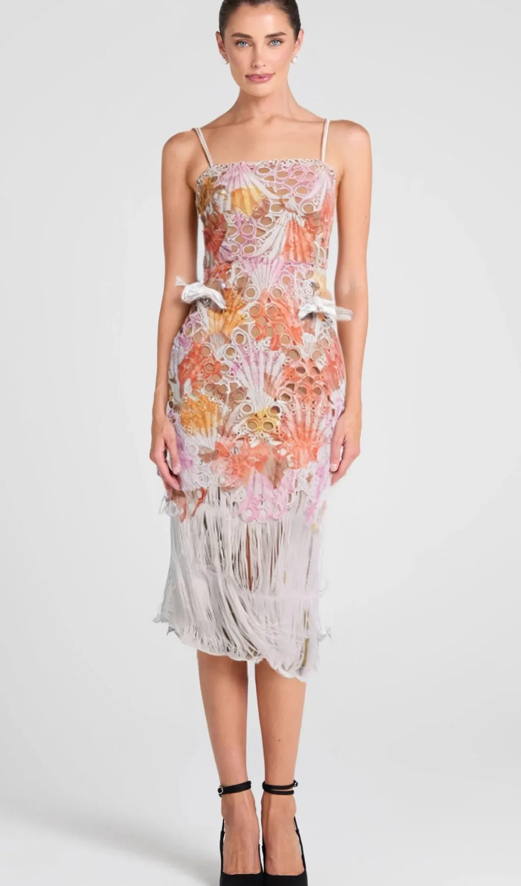 MULTICOLOR EMBROIDERED HOLLOW FRINGE MIDI DRESS Gloria Lanvin