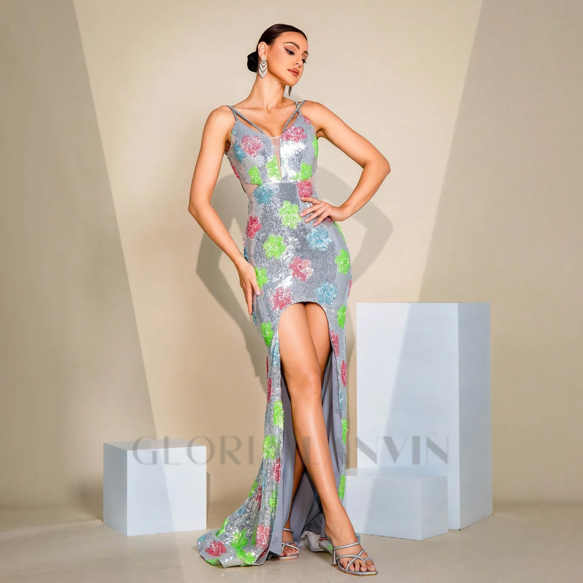 multicolor floral embellished silver sequin maxi dress Gloria Lanvin