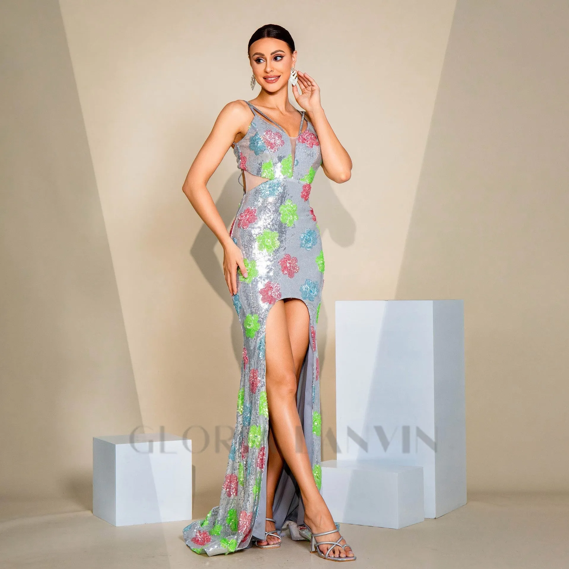 multicolor floral embellished silver sequin maxi dress Gloria Lanvin