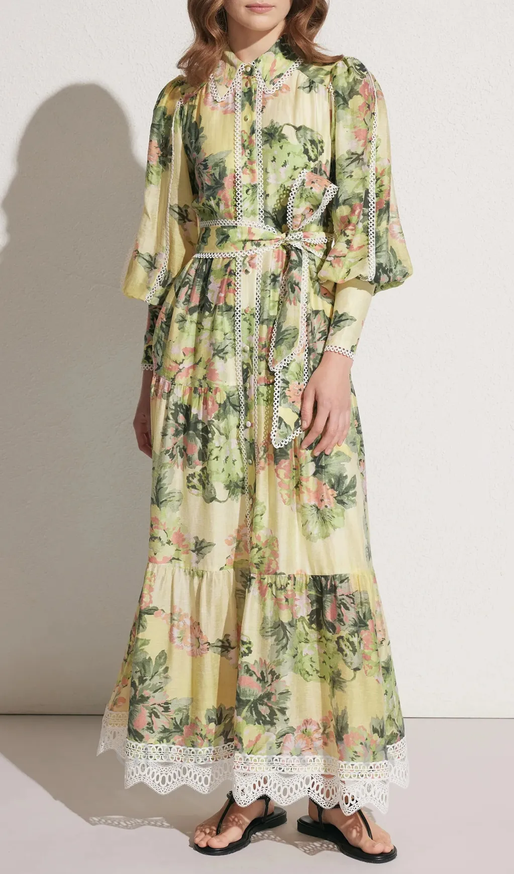 multicolor Floral Print Lace Trim Maxi Dress Gloria Lanvin