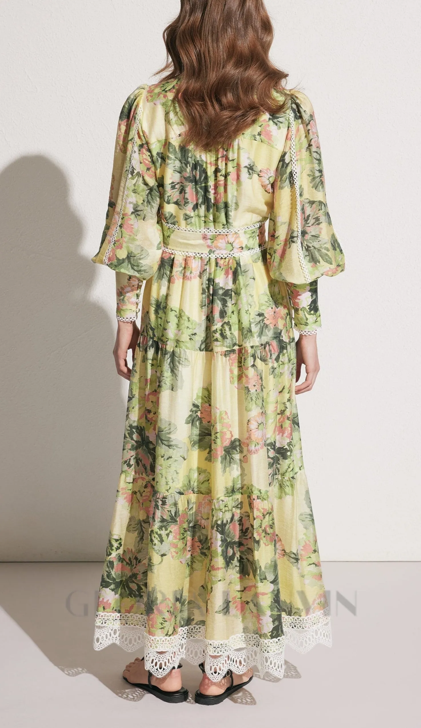 multicolor Floral Print Lace Trim Maxi Dress Gloria Lanvin