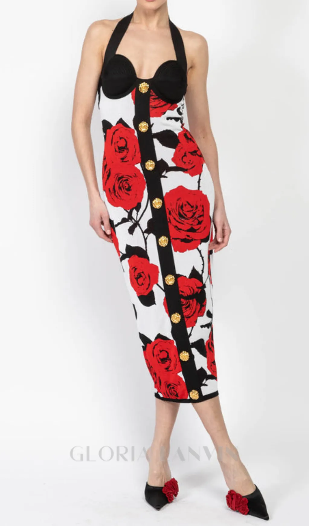 MULTICOLOR HALTERNECK ROSE PRINT MIDI DRESS Gloria Lanvin